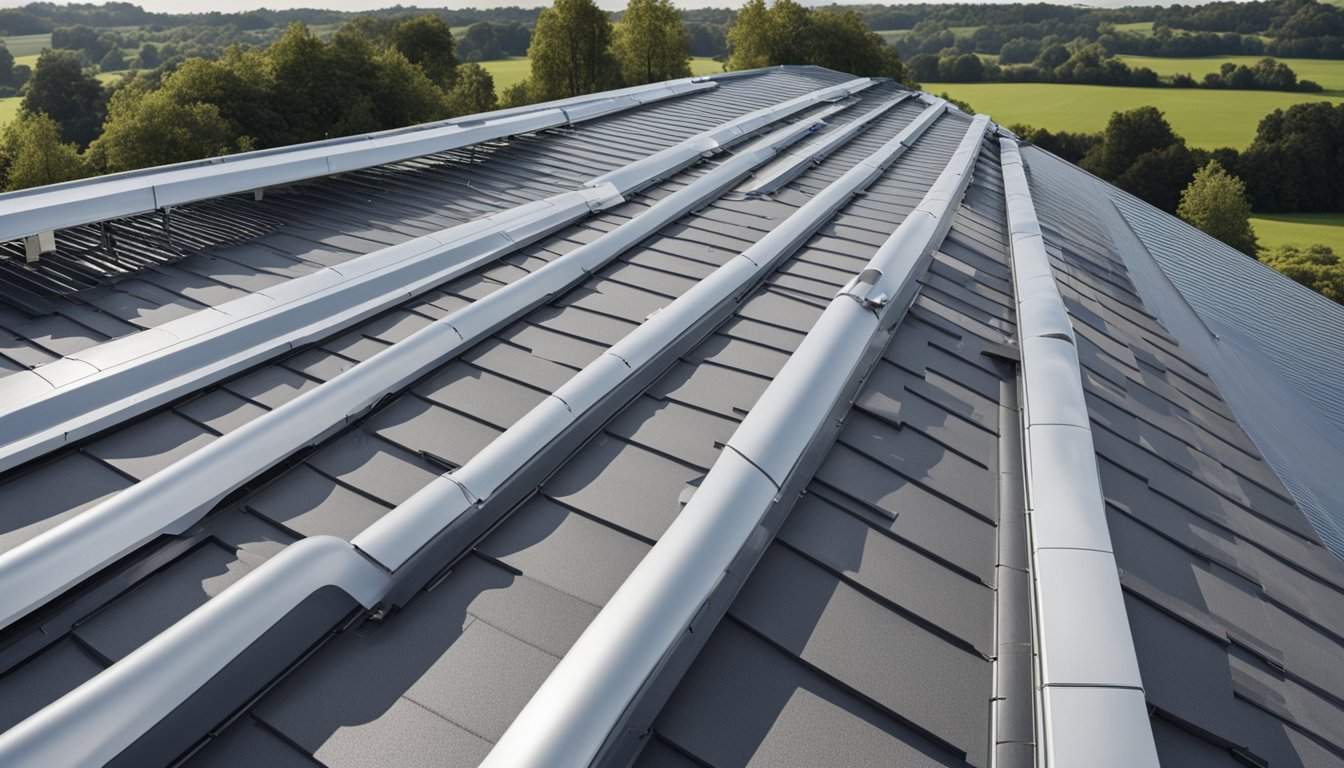 A modern, eco-friendly roofing system being installed on a UK building, with sustainable materials and compliance with waterproofing regulations