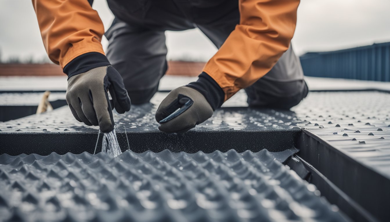 A roofer applying advanced waterproofing materials to a UK rooftop