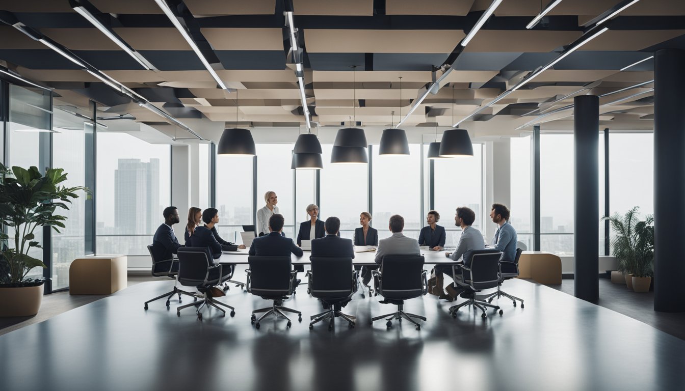 A group of architects and builders discussing new roofing materials and designs in a modern office conference room