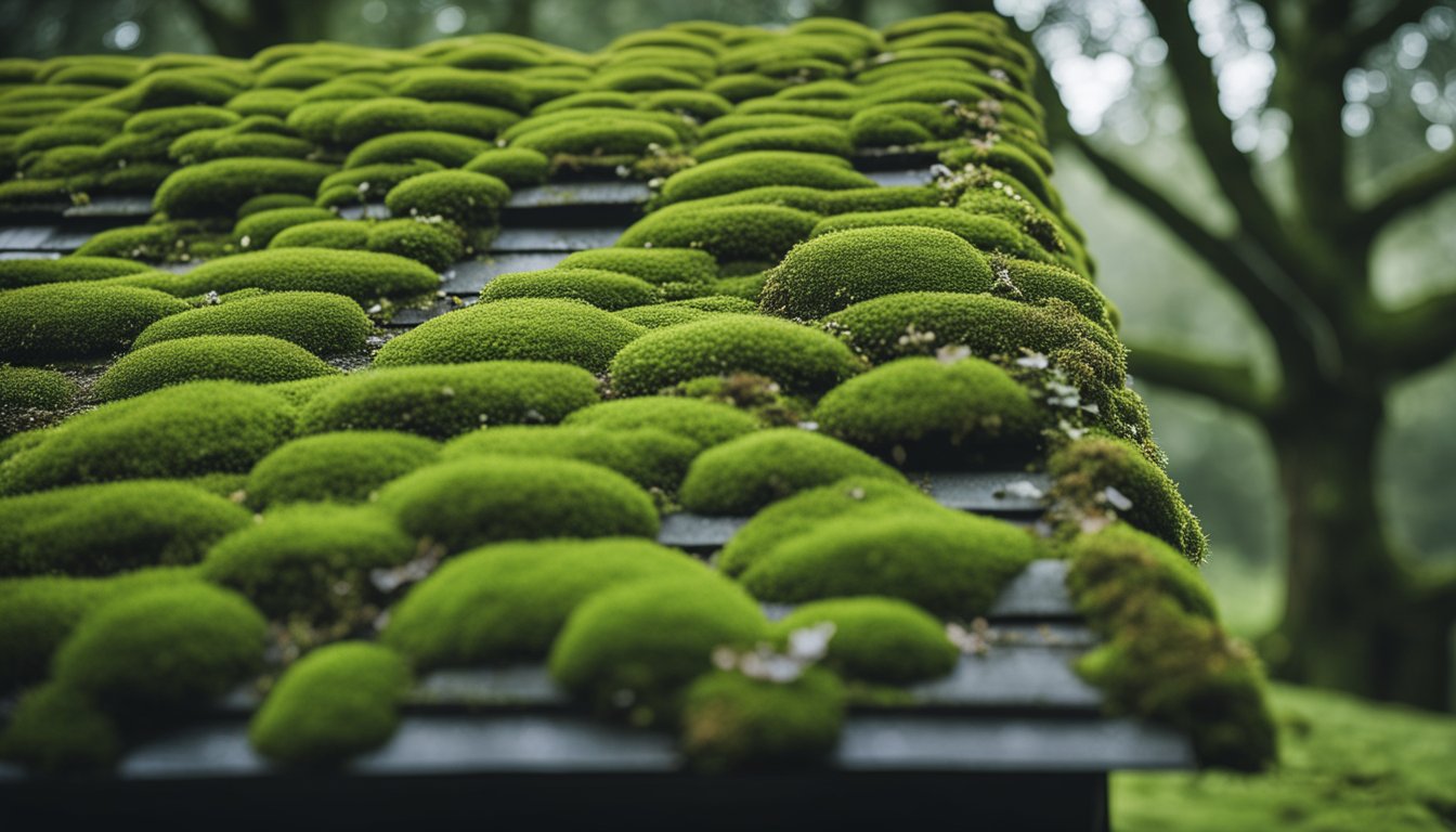 A sturdy roof with moss and lichen in a rainy UK climate, surrounded by greenery and withstanding wind and rain