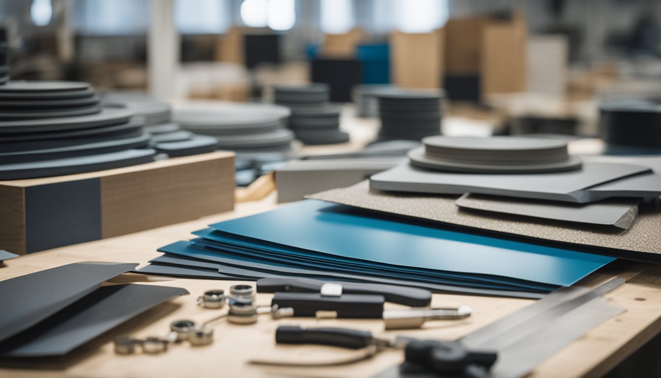 A modern UK roofing materials and techniques workshop with various tools and samples displayed on a table