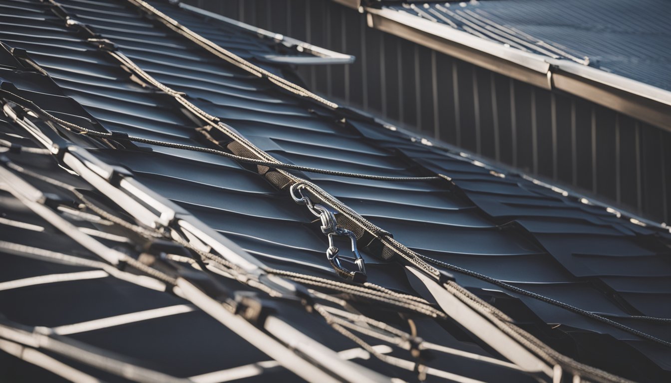 A modern roof with safety harness, ladder, and anchor points