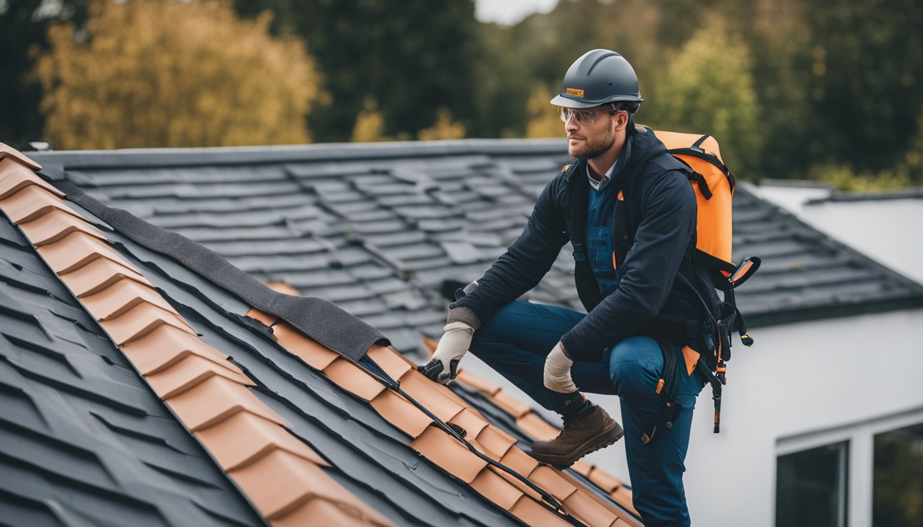 A UK homeowner wearing modern roofing safety equipment while inspecting their roof for potential repairs