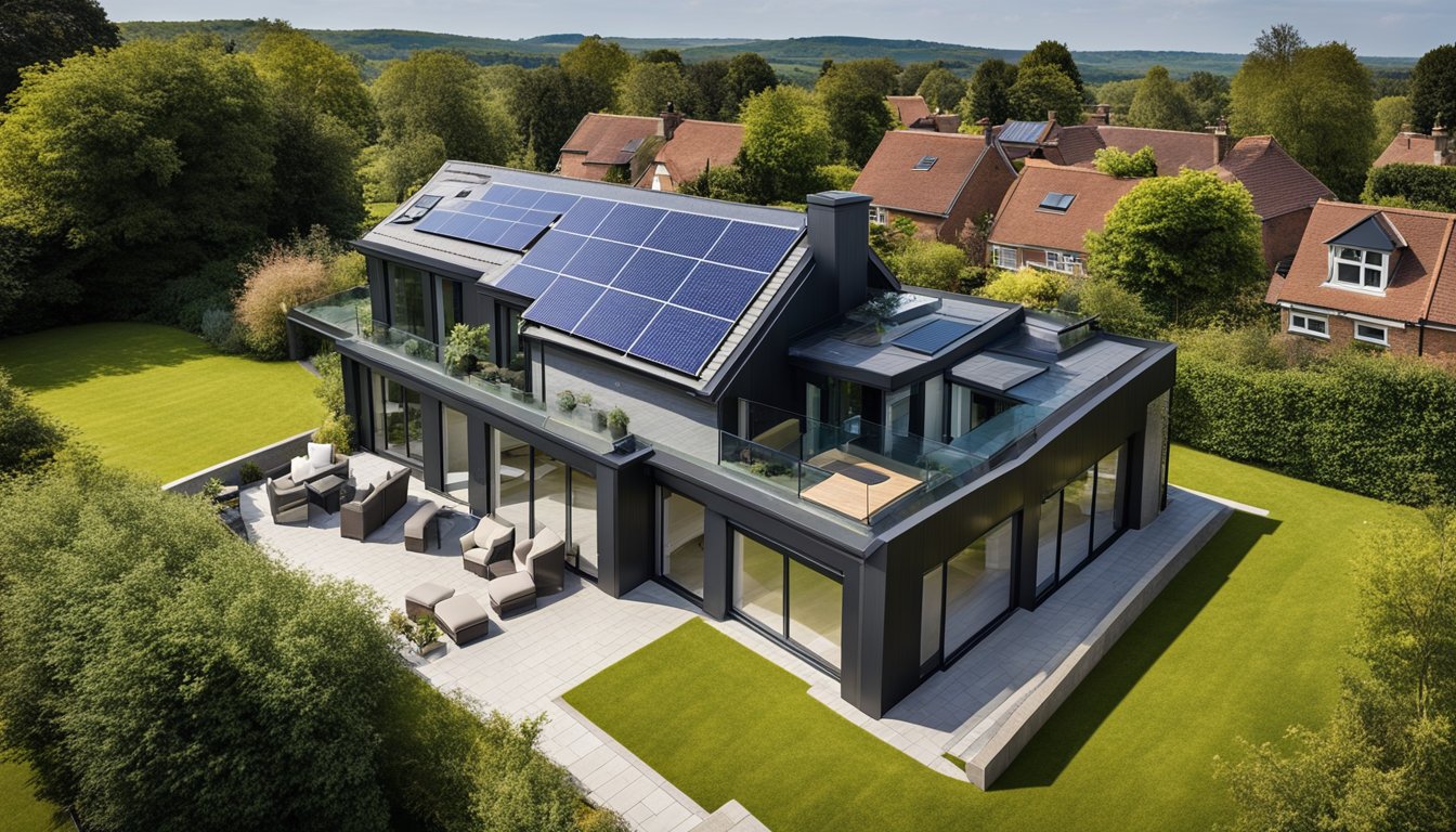 A modern UK home with smart roofing gadgets integrated, including solar panels, weather sensors, and automated ventilation systems