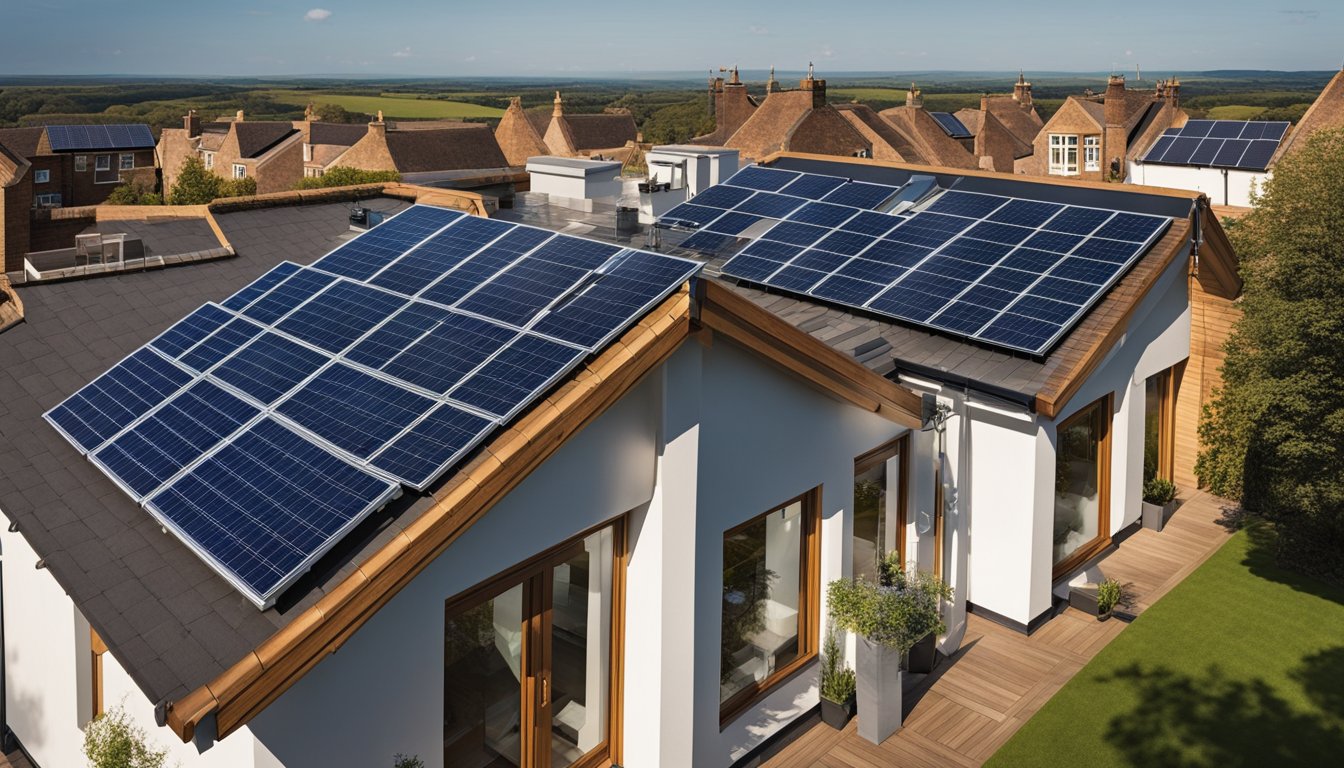 A sunny rooftop with solar panels, rain sensors, and wind turbines installed on a modern UK home