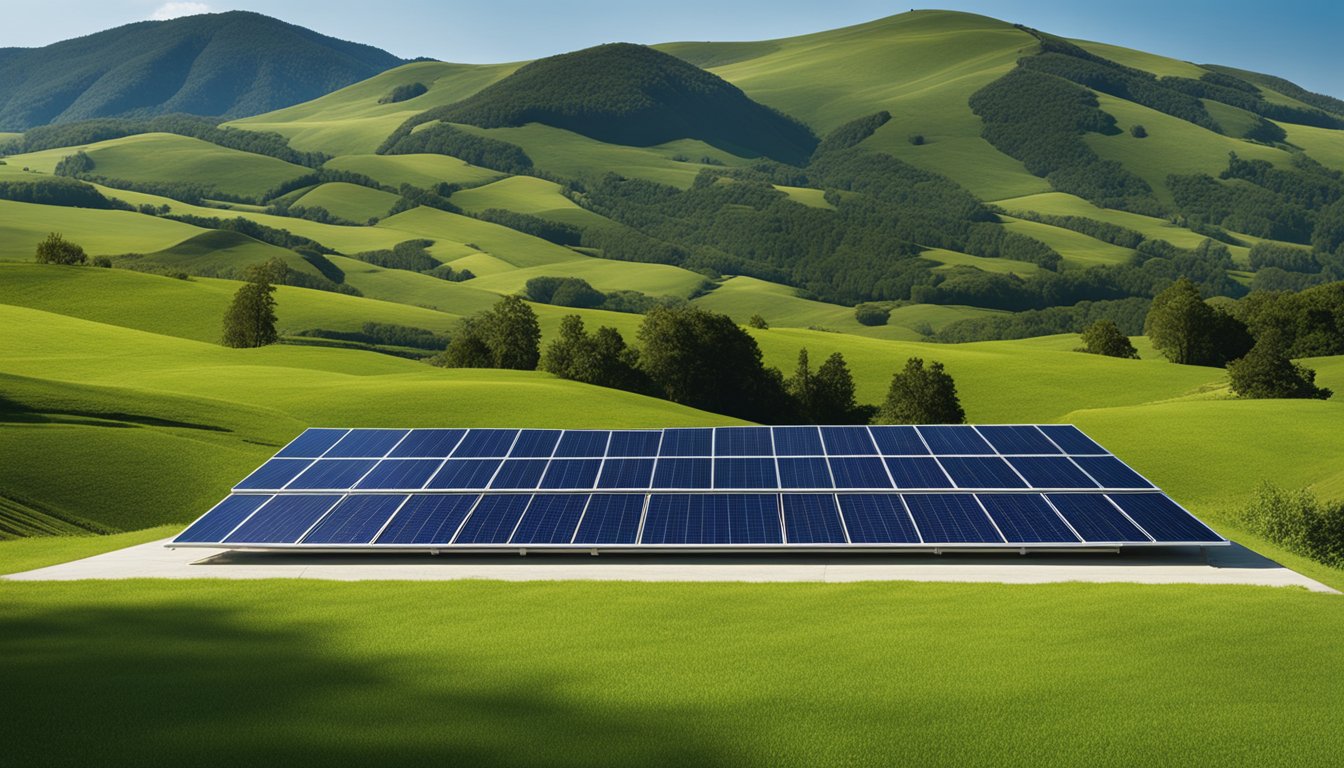 A sleek, angular roof with integrated solar panels and large windows, set against a backdrop of rolling green hills and a clear blue sky