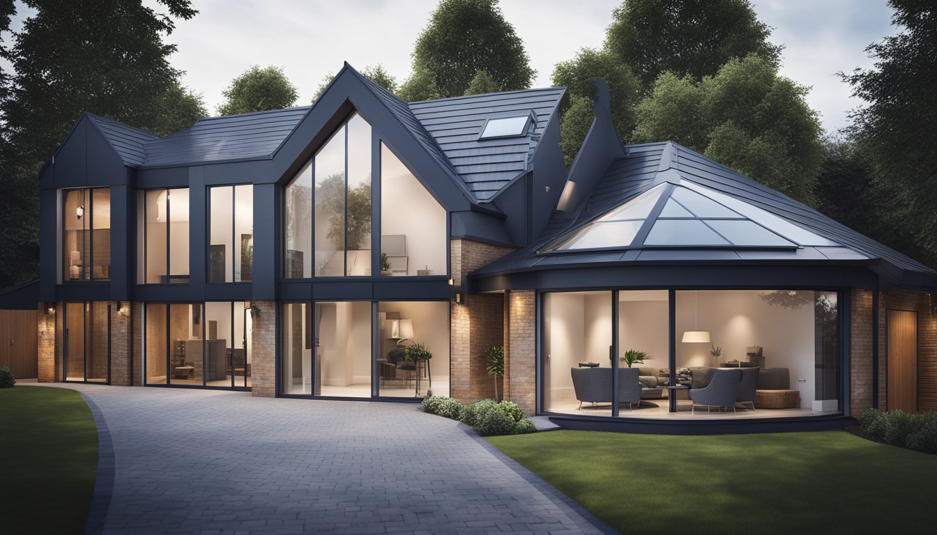 A modern UK home with sleek, angled roofing materials, showcasing innovative design and durability