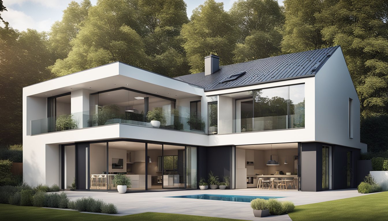 A modern UK home with a sleek, innovative roof design, featuring clean lines and advanced materials