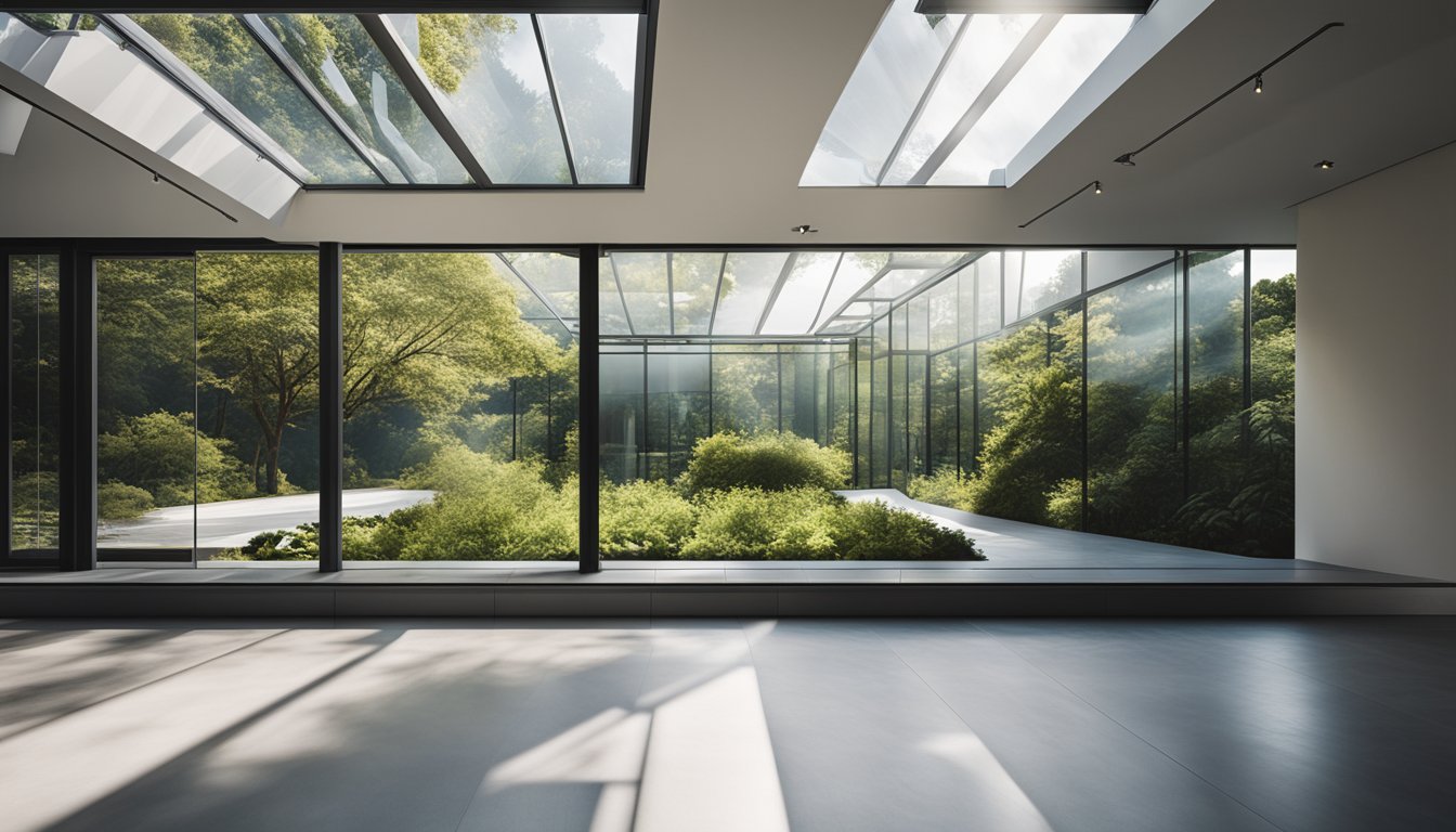 A sleek, minimalist roof with integrated solar panels and greenery, surrounded by large windows and clean lines