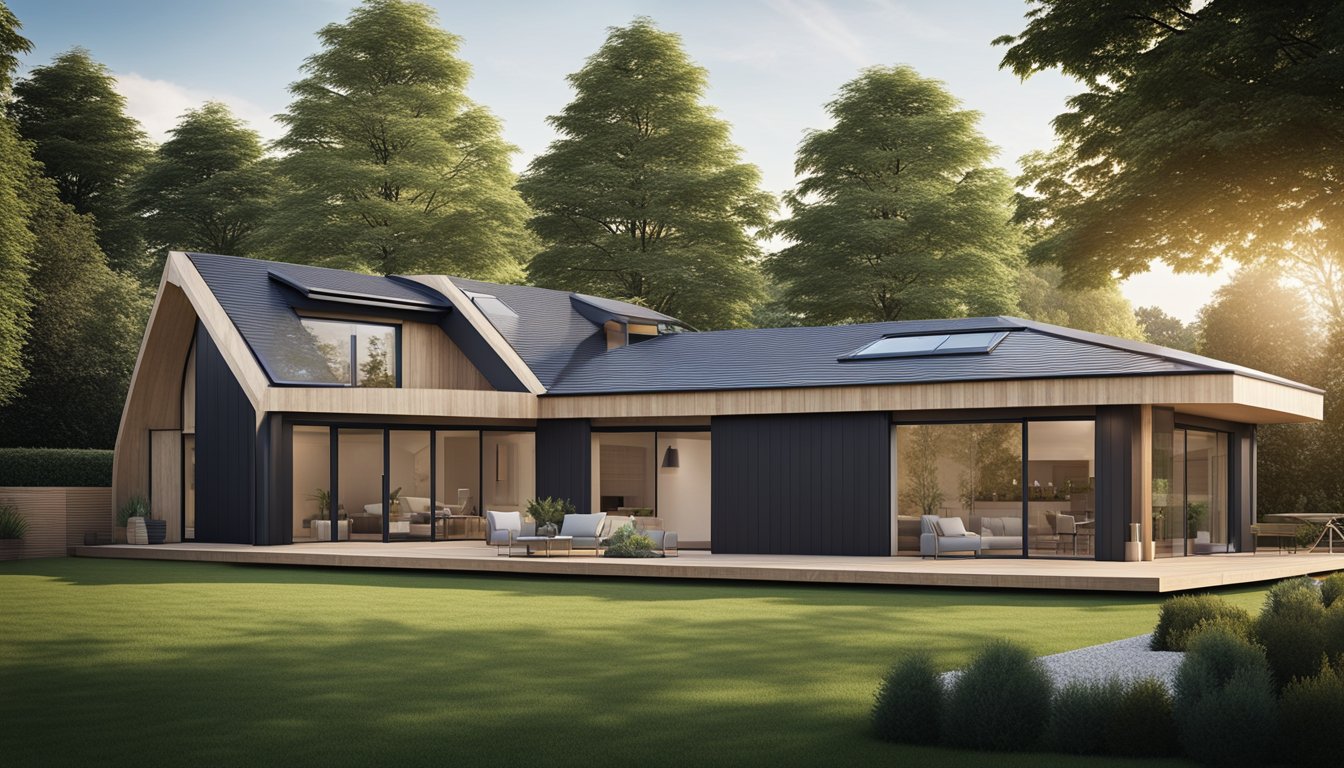 A sleek, angular roof design featuring eco-friendly materials and advanced construction techniques, set against a backdrop of modern UK homes in 2024