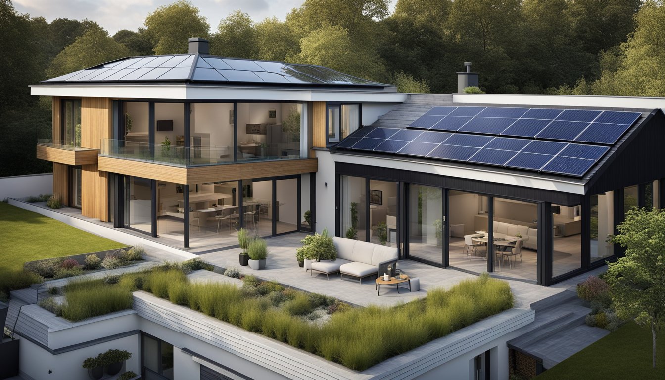 A modern UK home with sustainable roof designs in 2024. Solar panels, green roofs, and rainwater collection systems are integrated into the architecture