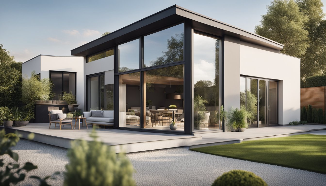 A modern UK home with a sleek, flat roof, large windows, and clean lines. Surrounding landscape includes greenery and contemporary outdoor furniture