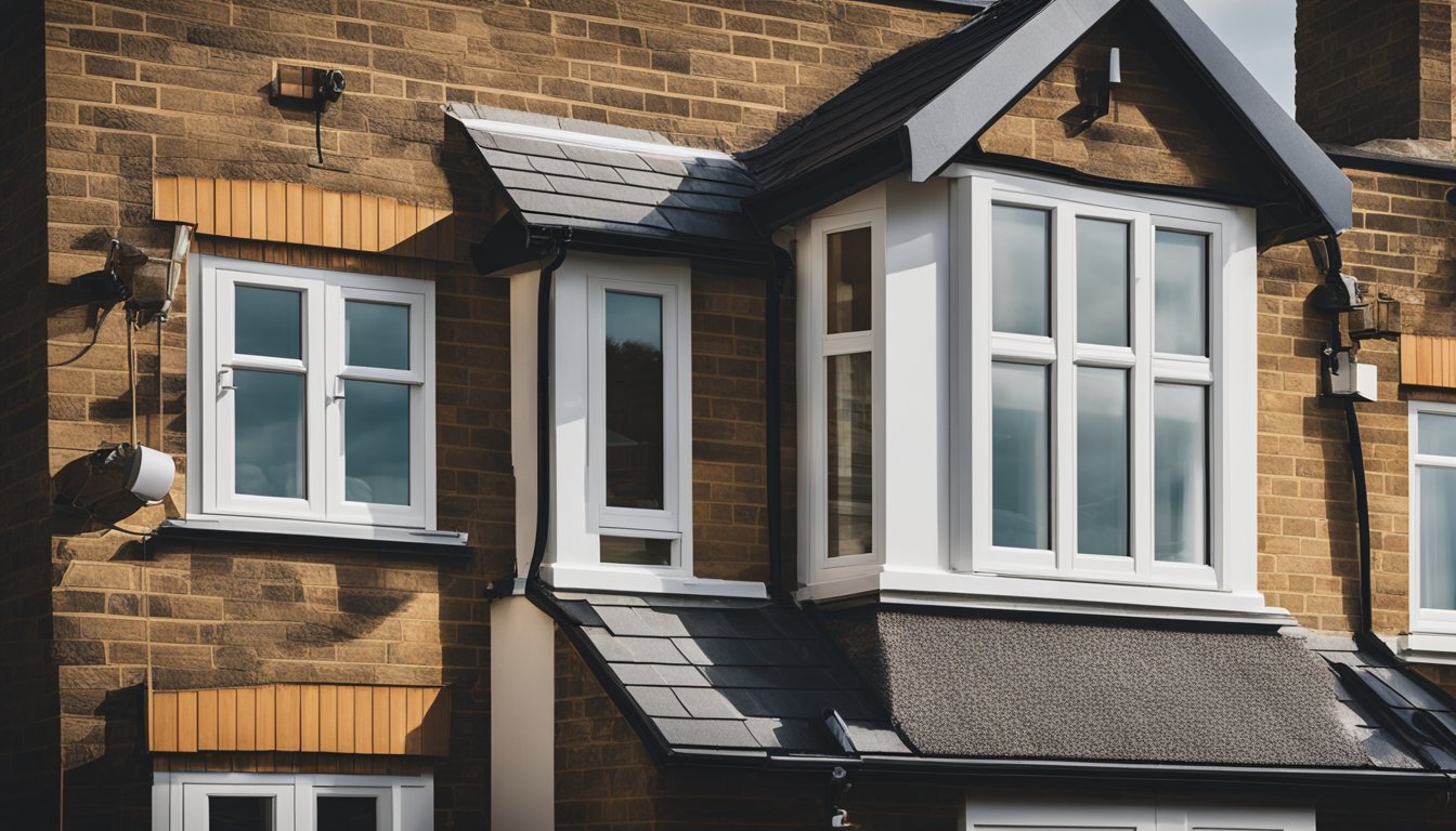 A house in the UK with various roofing materials being tested under different weather conditions, including rain, wind, and sunlight