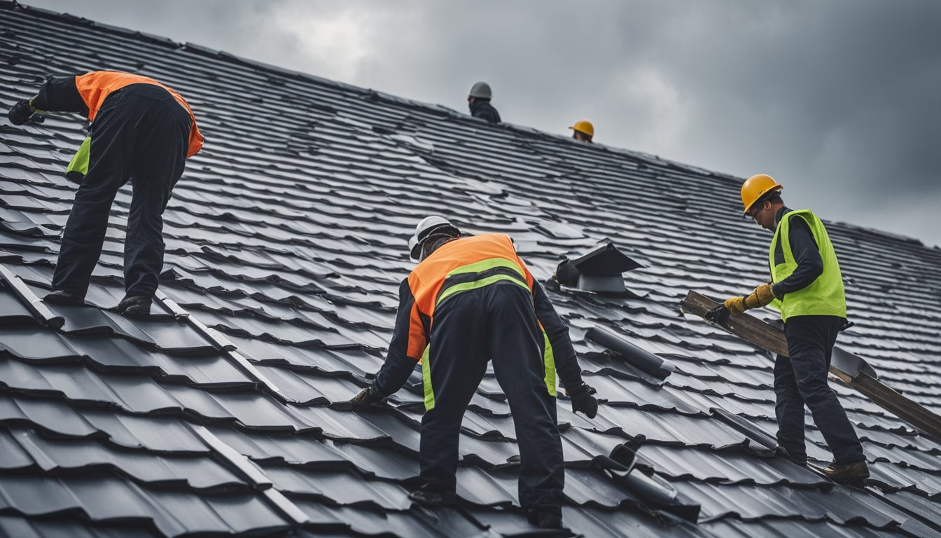 A crew of workers installing and maintaining durable roofing materials on a house, with grey skies and rain in the background