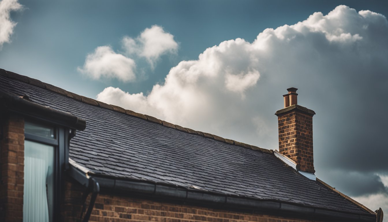 A sturdy, weather-beaten roof atop a quaint UK home, with clouds and rain in the background