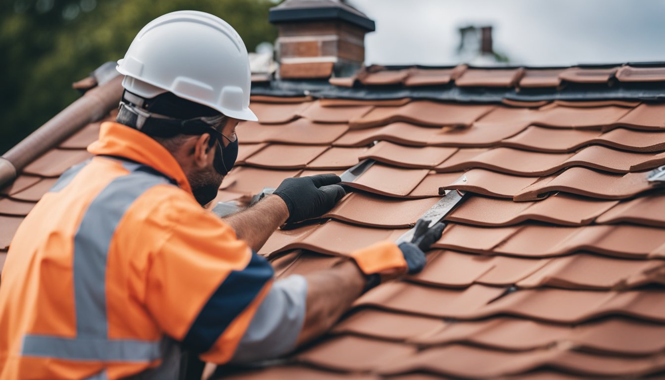 A roofer installing flashing on a UK home's roof, using metal sheets and sealant to prevent water leaks