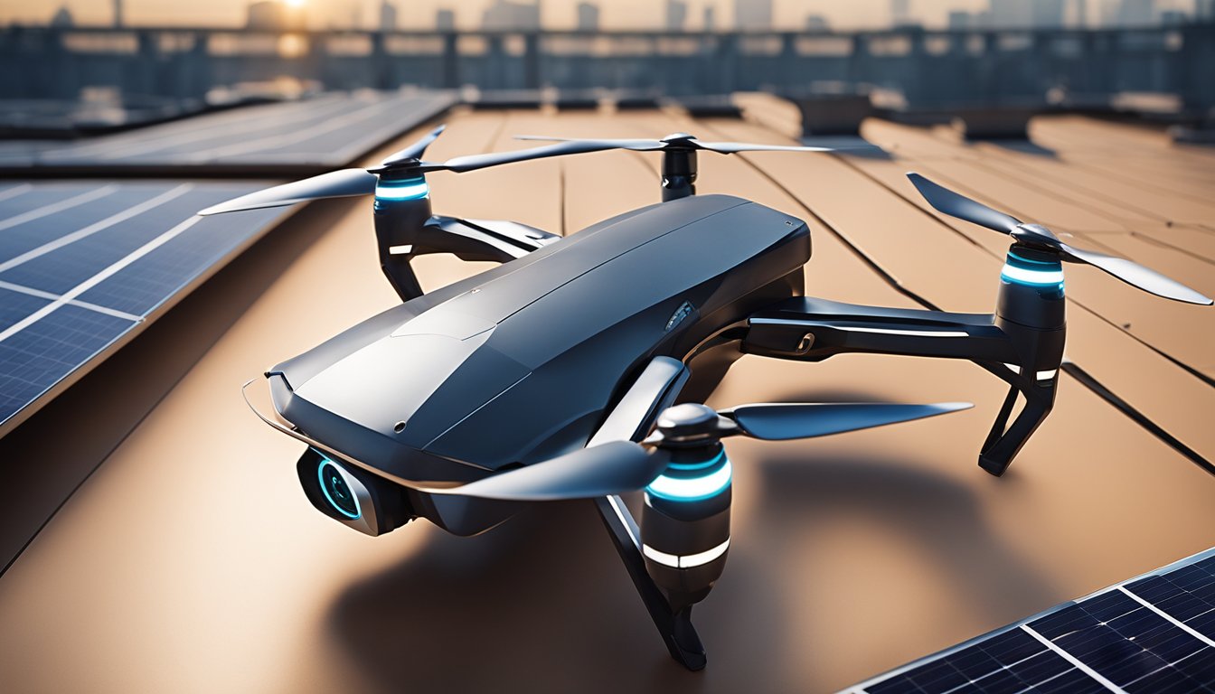 A futuristic drone hovers over a high-tech roof installation, with solar panels and smart sensors integrated seamlessly into the sleek design