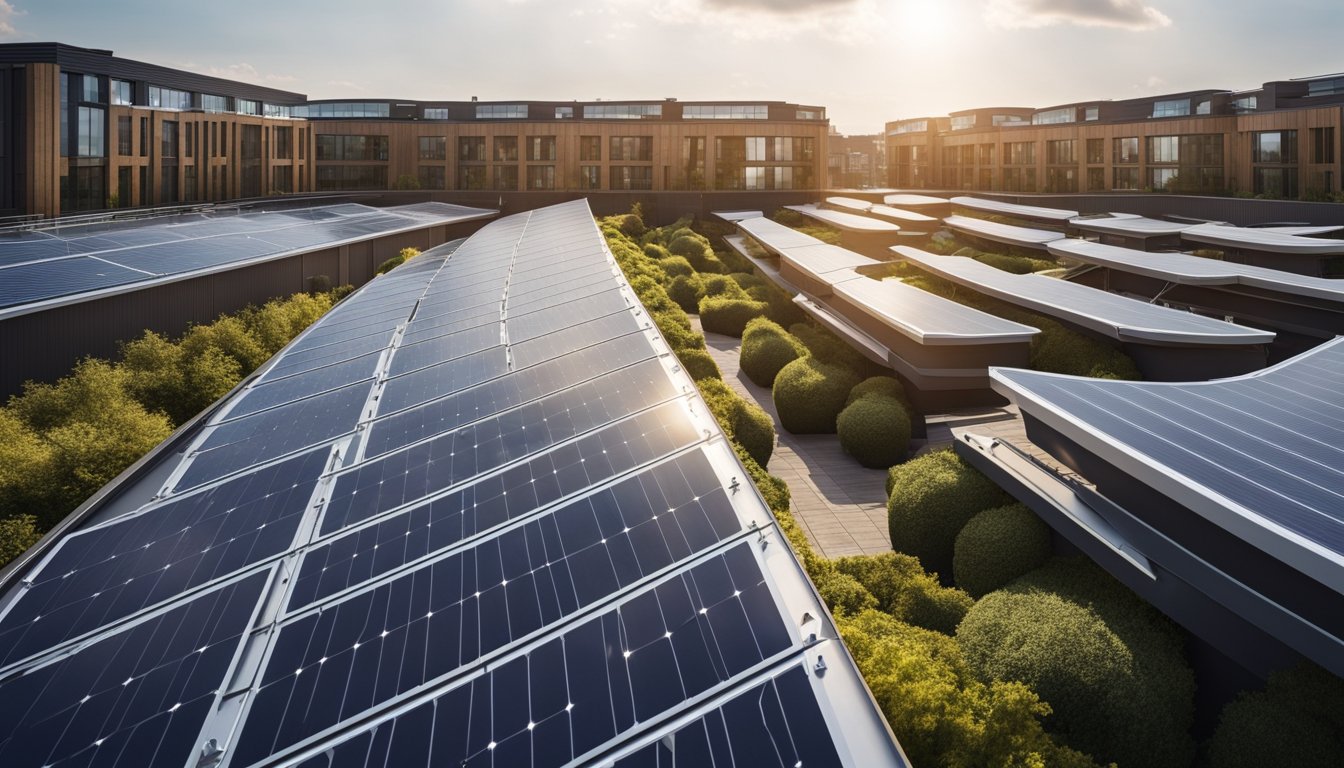 A futuristic UK rooftop with advanced technology, including solar panels, green roofs, and weather-resistant materials to adapt to climate change