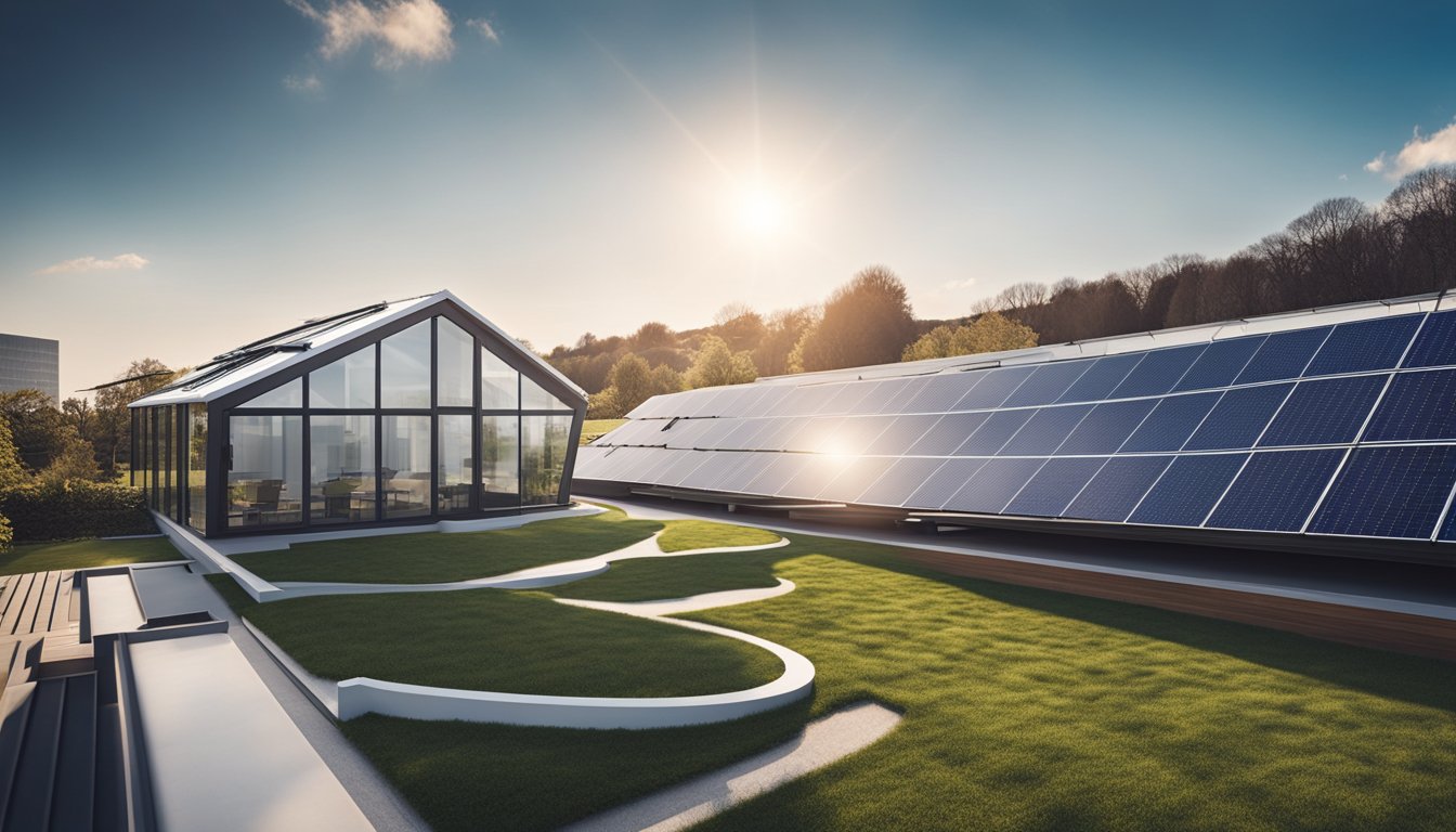 A futuristic UK rooftop with high-tech features, solar panels, and advanced insulation materials