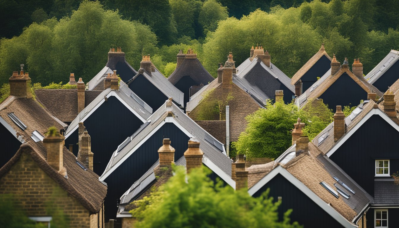 A row of diverse UK roofing styles, from thatched cottages to modern metal panels, set against a green countryside backdrop