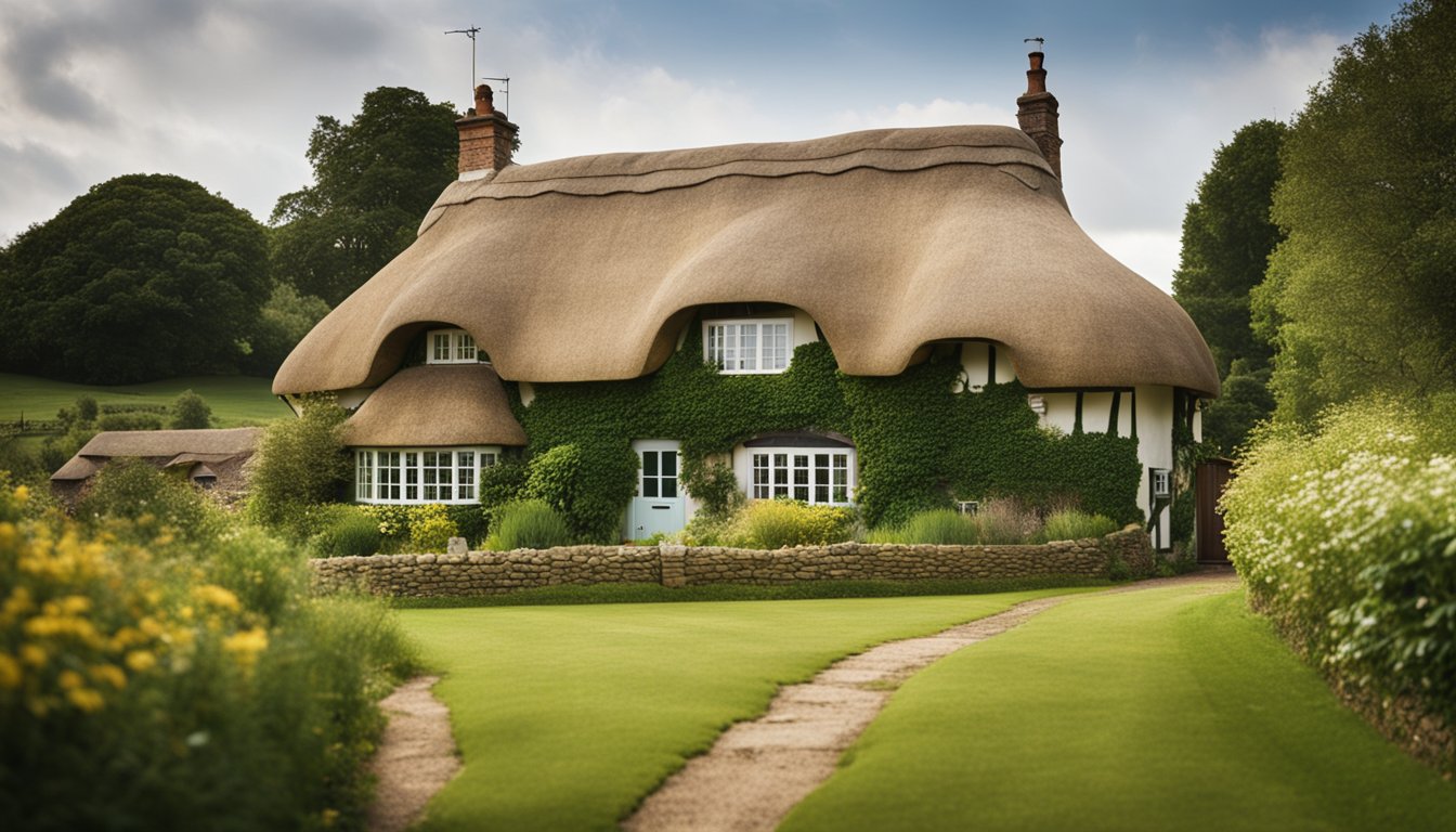 A traditional English thatched roof cottage nestled in a countryside setting, surrounded by rolling hills and lush greenery