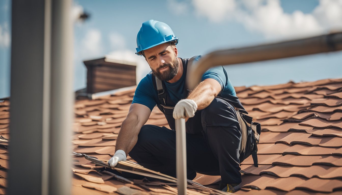 A professional roofer inspects and repairs a well-maintained roof, removing debris and checking for any signs of damage to ensure longevity