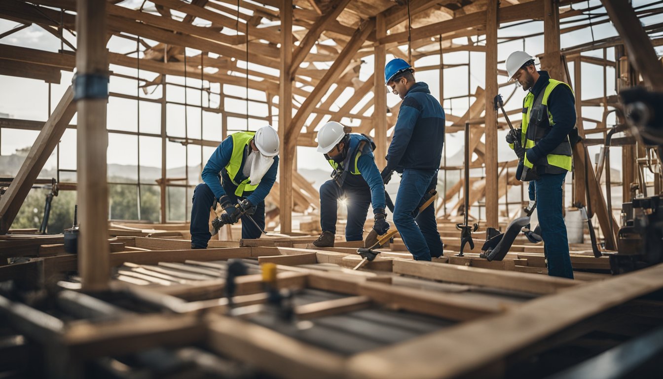 A team of workers inspecting and repairing a sturdy roof structure, surrounded by tools and materials for regular maintenance