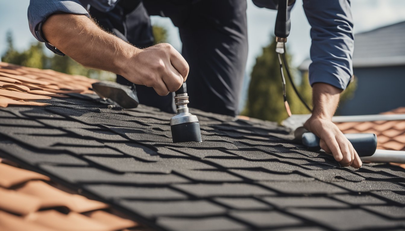 A technician inspecting and repairing a roof, removing debris and applying protective coatings to maximize longevity