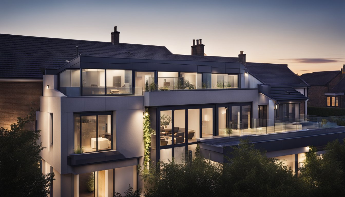 A contemporary UK rooftop with sleek, energy-efficient lighting fixtures illuminating the space