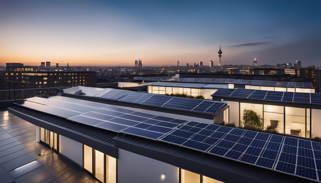 A modern rooftop with various lighting options, including skylights, solar panels, and LED fixtures, illuminating the UK skyline