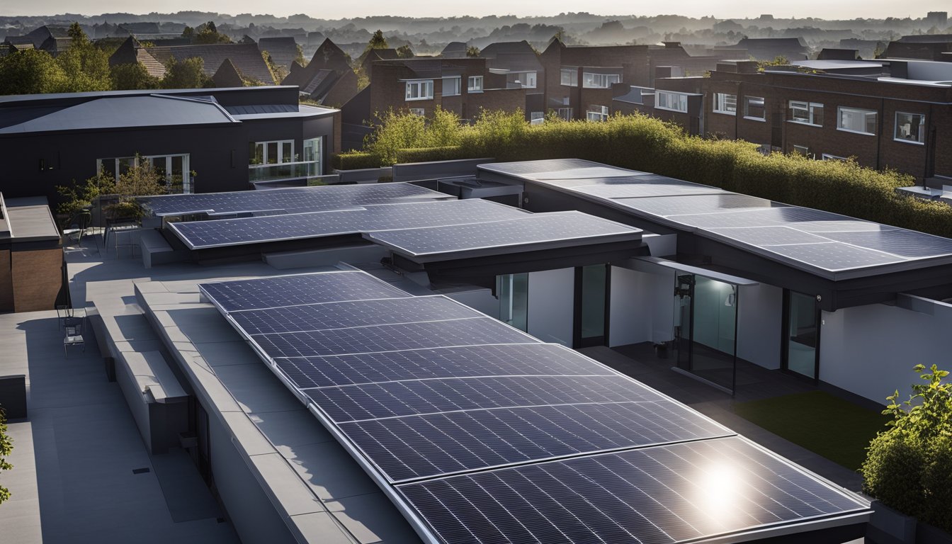 A modern UK rooftop with various lighting solutions installed, including skylights, solar panels, and LED fixtures