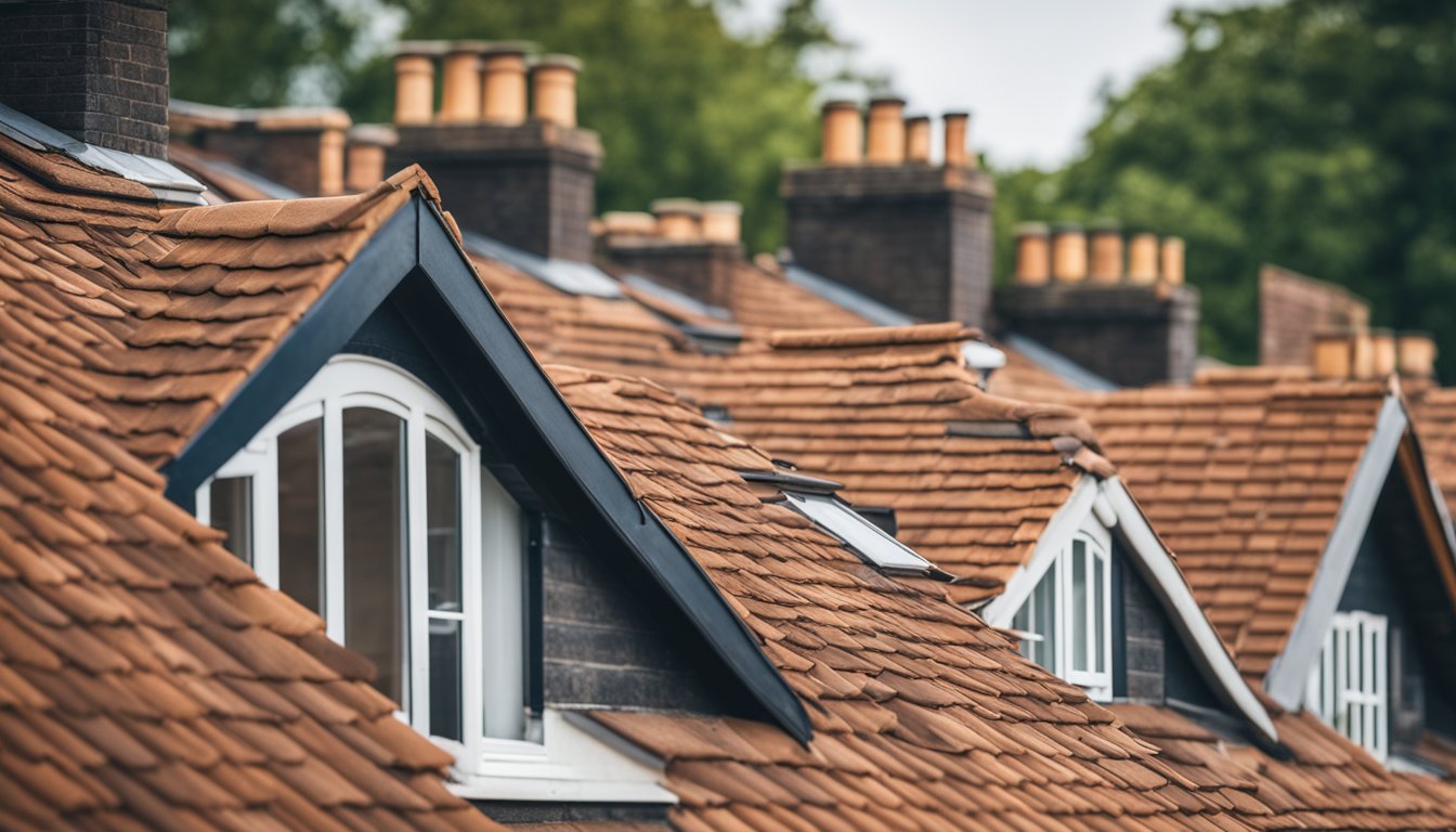 A row of UK homes with various roof types, showing heat escaping through gaps and poor insulation