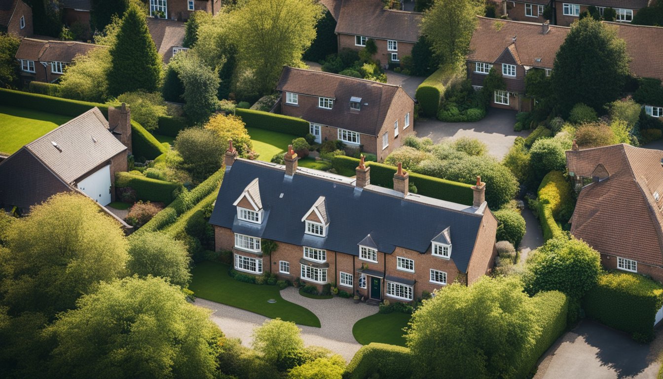 An aerial view of a British house with a roof showing signs of heat loss, such as missing or damaged insulation and areas of heat escape