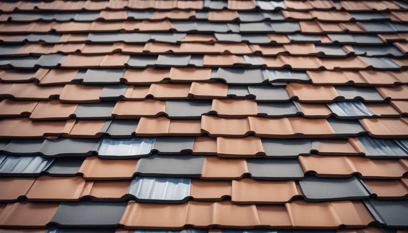 A variety of modern roofing materials and styles displayed in a UK setting, including tiles, shingles, and metal panels