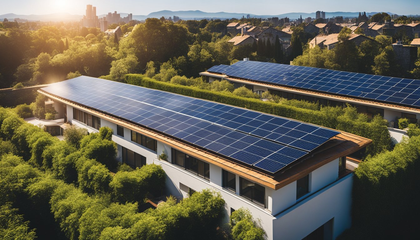 A sunny rooftop with solar panels and insulation, surrounded by greenery and a clear blue sky