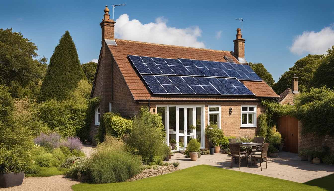 A cozy UK home with solar panels on the roof, surrounded by trees and a clear blue sky