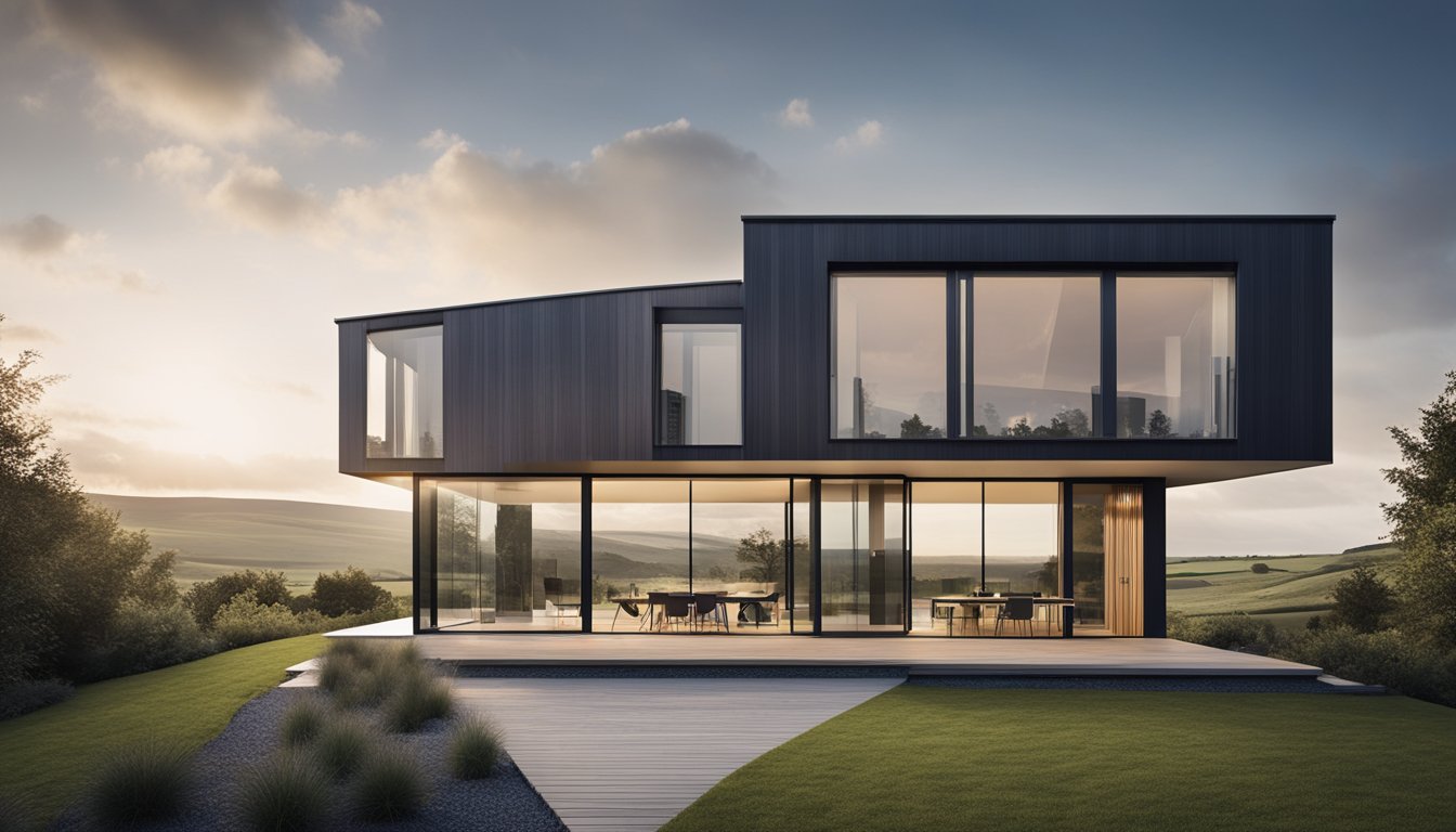 A sleek, contemporary home with multiple roof shapes and innovative design features, set against a backdrop of a UK landscape