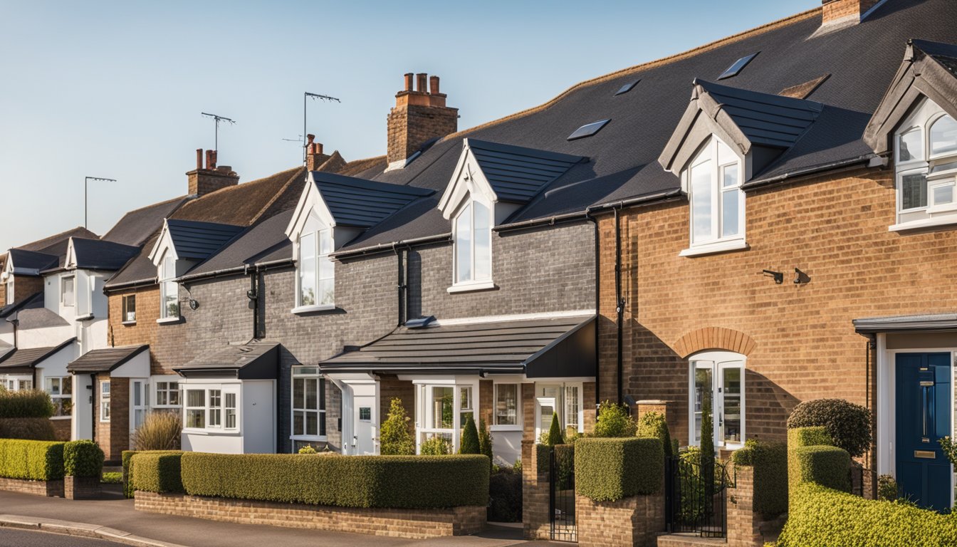 A row of UK homes with various modern roof shapes, including flat, gable, hip, and shed roofs, set against a clear sky