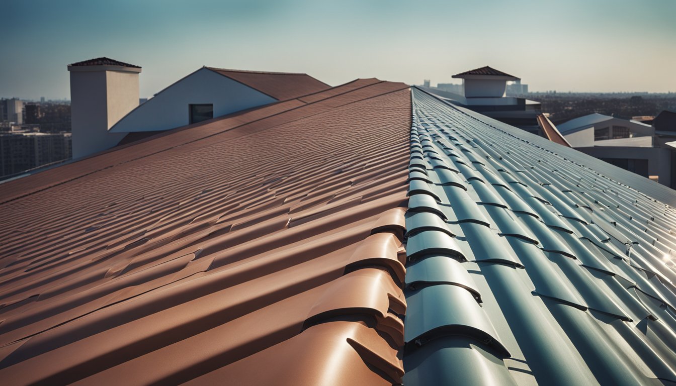 A row of different roofing materials in various colors, with a clear sky in the background