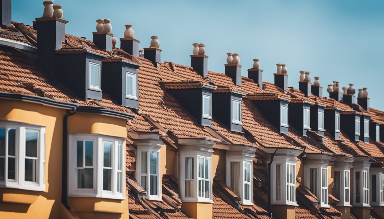 A row of vibrant, diverse rooftops against a clear blue sky