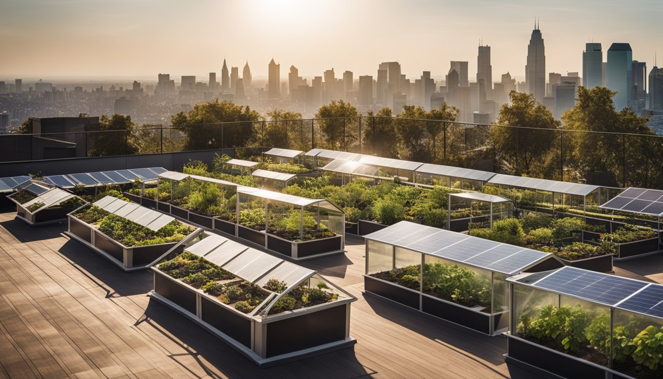 A rooftop garden with seating, solar panels, and a small greenhouse, surrounded by greenery and overlooking the city skyline