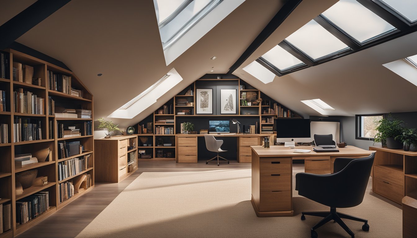 A cozy attic converted into a home office with a desk, bookshelves, and natural light streaming in through a skylight