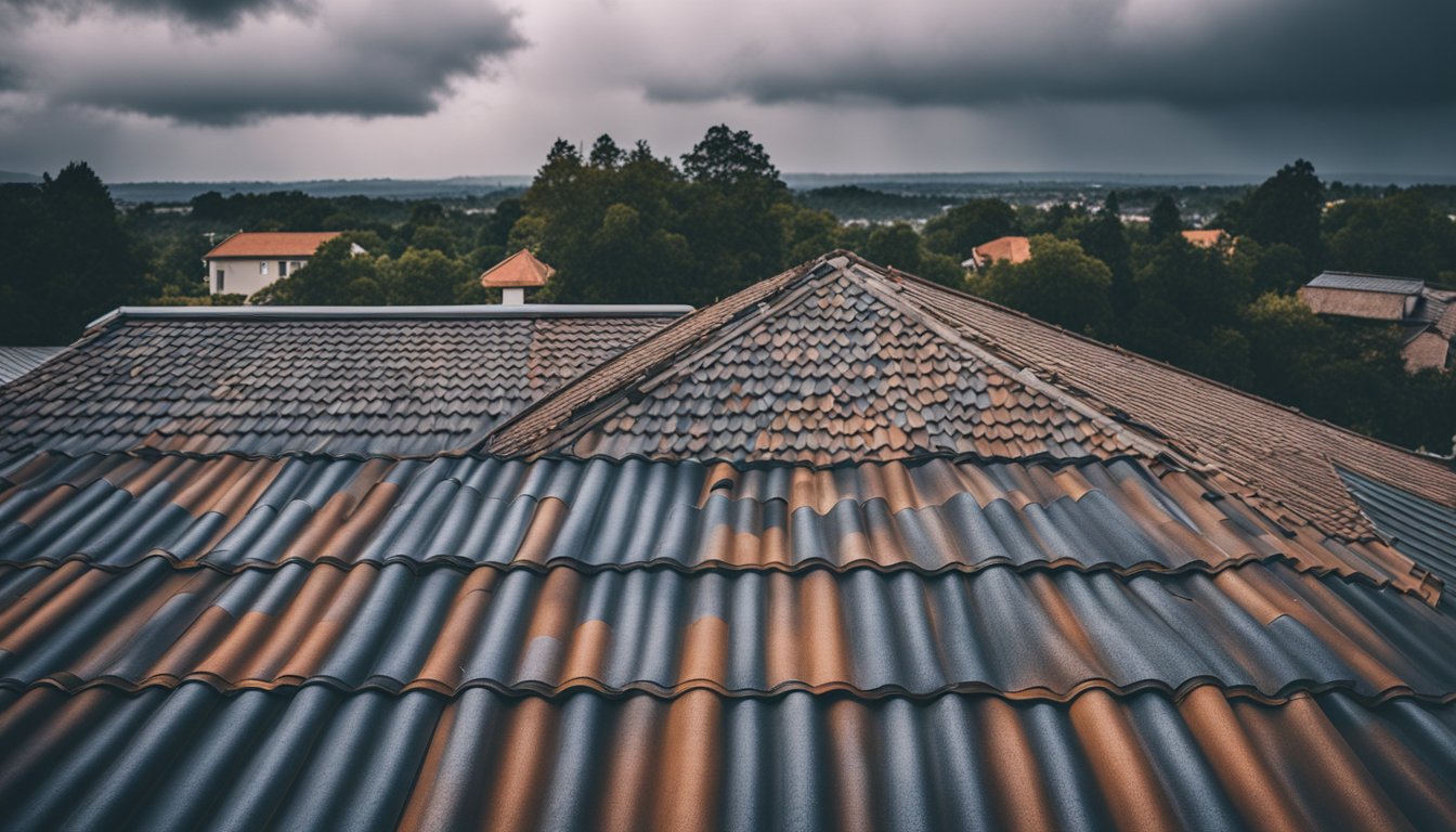 A rooftop with various types of weathered roofing materials under a stormy sky