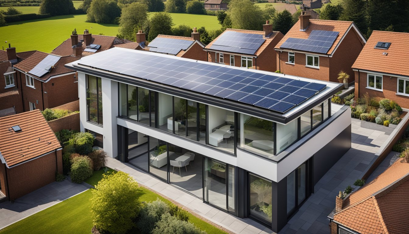 A modern UK home with advanced roofing technologies, featuring solar panels and green roofing materials, set against a backdrop of urban and suburban landscapes