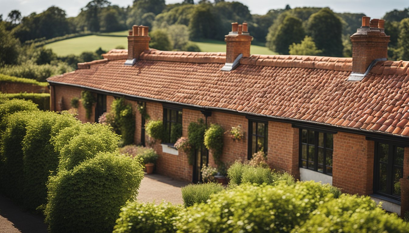 A sunny day with a row of terracotta roof tiles on a traditional UK home, surrounded by greenery