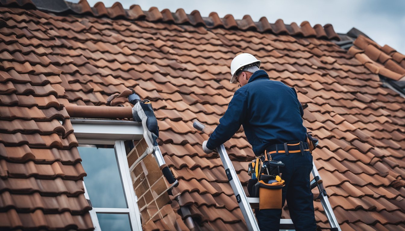 A roofer inspecting and cleaning roof tiles on a UK home, using a ladder and specialized tools