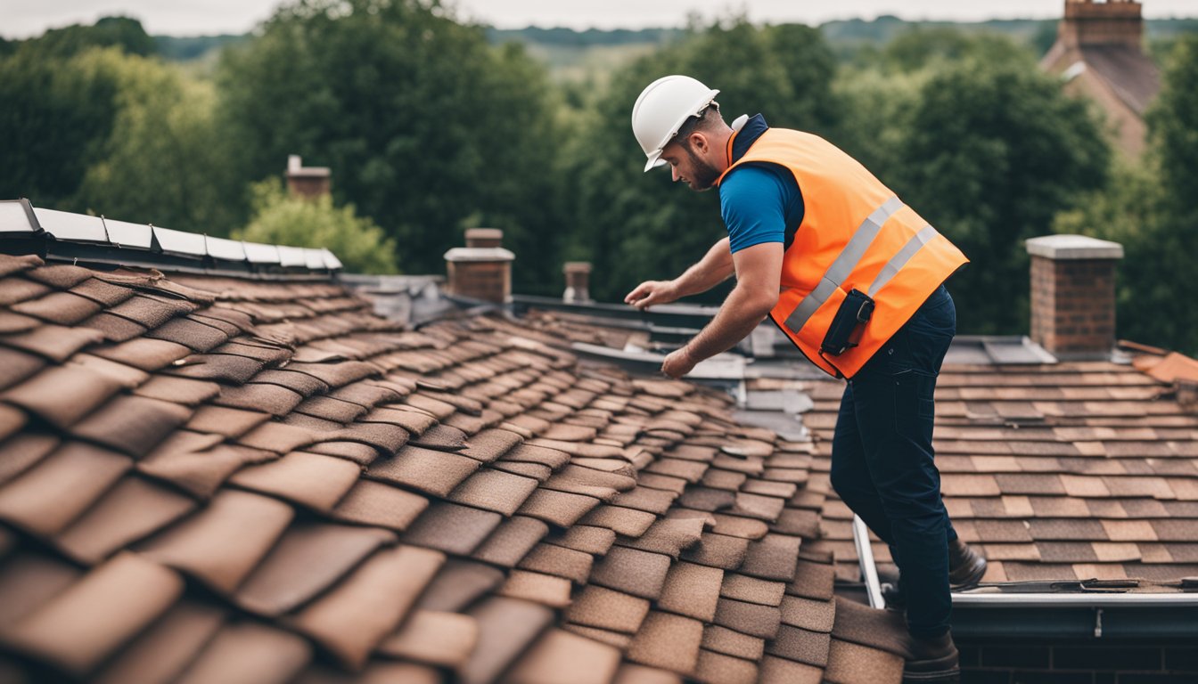 A roofer inspecting a UK home's roof, noting any damage and creating a maintenance plan