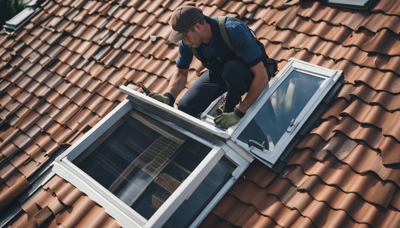 A roofer inspecting and repairing various parts of a traditional UK home's roof, including gutters, shingles, and flashing, while creating a comprehensive maintenance plan