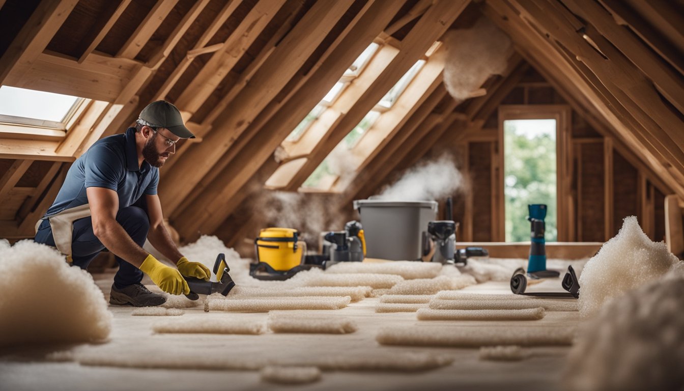 A professional installing roof insulation in a well-lit attic, with tools and materials neatly organized nearby