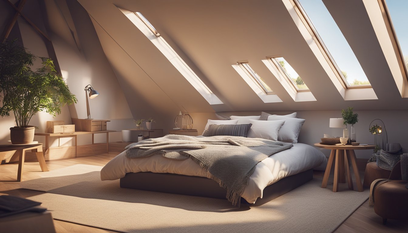 A cozy attic with warm sunlight streaming in through insulated roof panels, creating a comfortable and energy-efficient living space